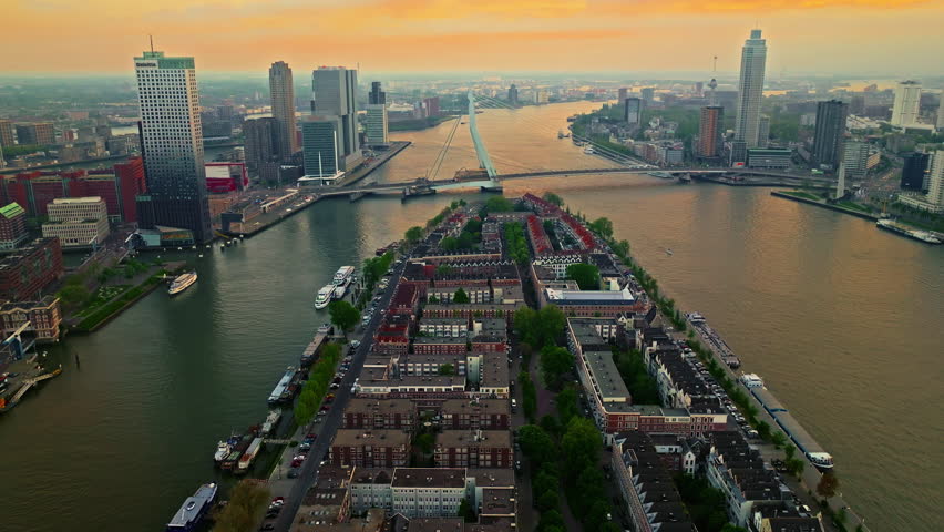 Aerial view of the city of Rotterdam, one of the largest ports in Europe. Panorama of the city with modern architecture and port infrastructure