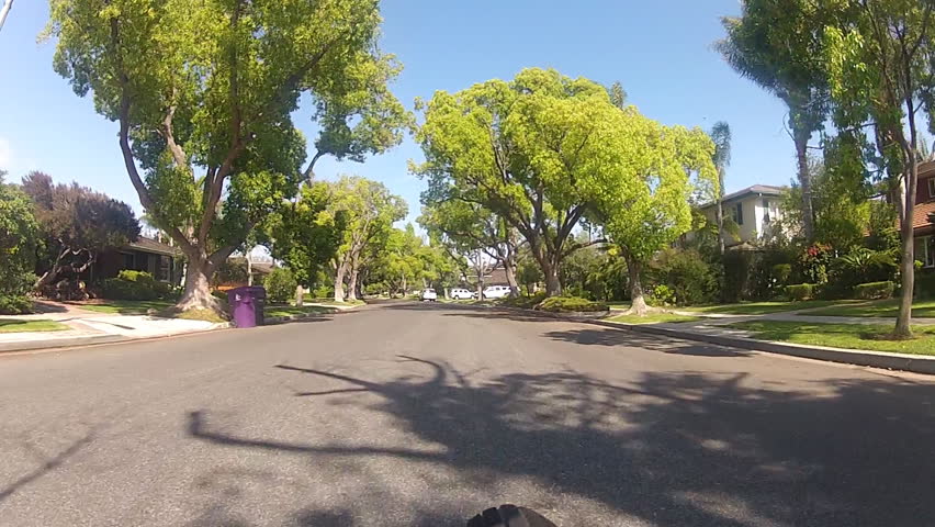 A point of view shot of someone riding a bicycle on a well-kept and tree lined