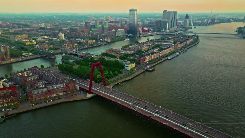 Aerial view of the city of Rotterdam, one of the largest ports in Europe. Panorama of the city with modern architecture and port infrastructure