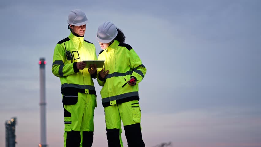 Engineers in high-visibility safety gear and hard hats collaborate on an industrial project, using a digital tablet and radio at a construction site or refinery during twilight