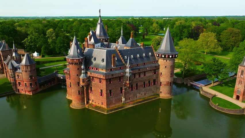 Aerial view of historic Castle de Haar, Utrecht. Historic castle built in The Netherlands