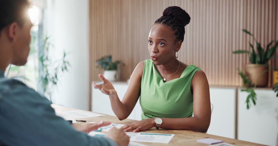 Business, people and meeting with documents in office for discussion, planning and copywriting data. Team, talking and writing notes with paperwork, explain procedure and stats for publication report