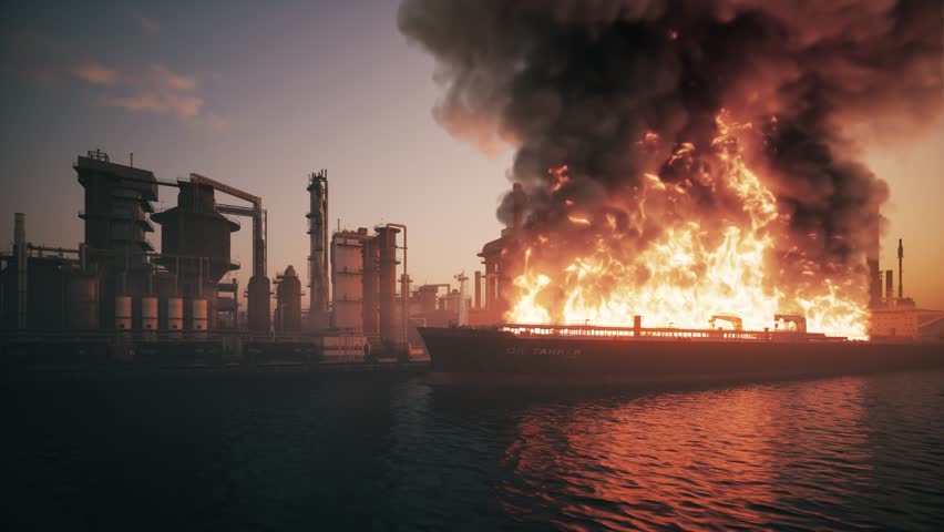 Massive Oil Tanker Explosion at Refinery Port – Industrial Fire and Maritime Disaster