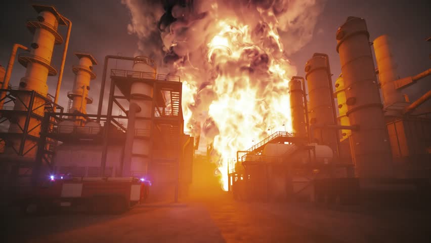 Industrial Plant Explosion – Massive Fire at Chemical Factory Disaster Scene