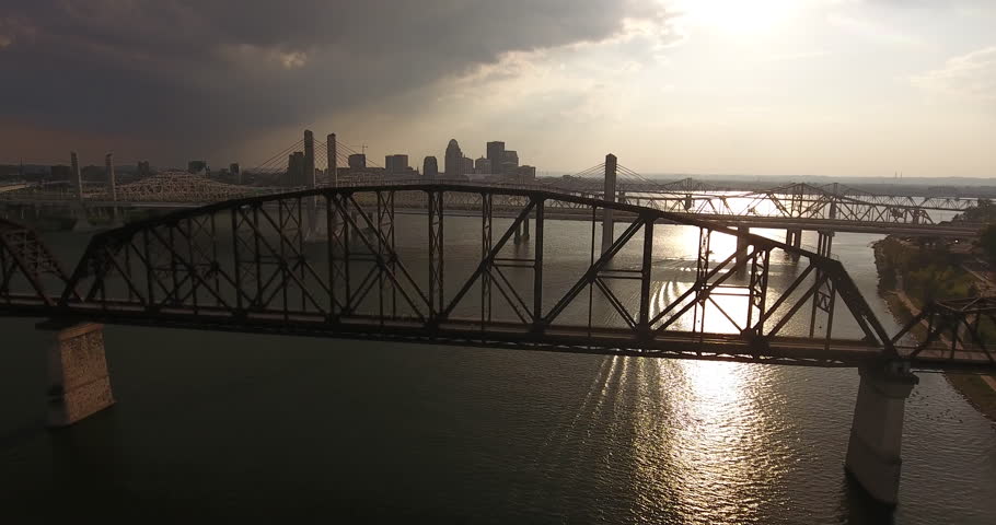 Louisville, Kentucky Skyline from river with bridges aerial
