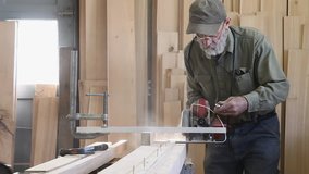Man Cutting Large Boat Plank in Wood Shop