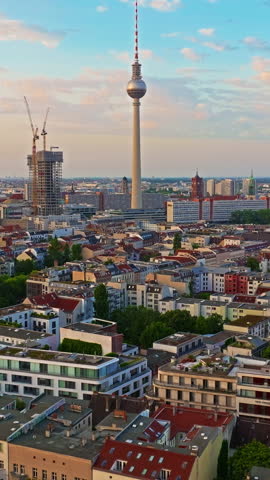  Aerial view of Berlin. Cityscape with roofs architectural landmarks tv tower and other attractions, Germany