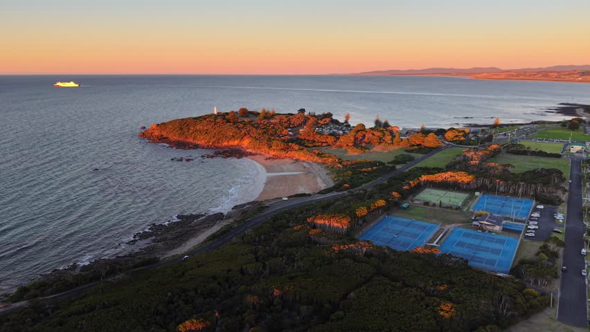 Spirit of Tasmania and Mersey Bluff Lighthouse, Devonport, Tasmania, Australia Aerial Drone 4K