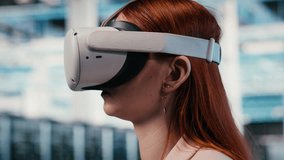 Data center female engineer uses VR glasses to manage enterprise cloud computing IT solutions. Software developer using virtual reality simulation to monitor server farm facility workspace, camera B - Powered by Shutterstock - Get 15% off with code: PIKWIZARD15