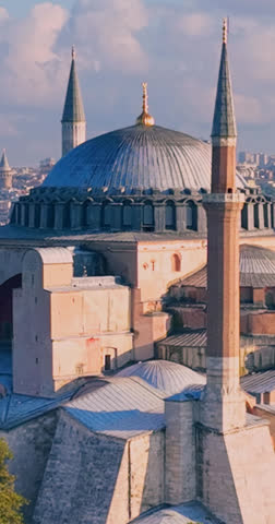 Majestic Hagia Sophia Mosque at Sunrise: An Aerial View of Istanbul, Turkey's Historic Landmark
