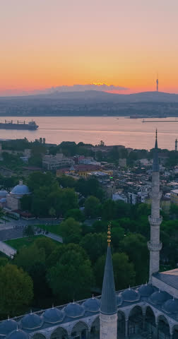 Aerial View of Blue Mosque and Hagia Sophia at Sunrise in Historic Istanbul, Turkey