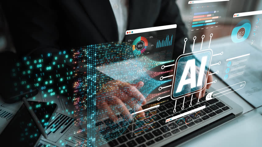 Business professional working with digital AI technology on laptop, surrounded by data visualizations and analytics in a modern office setting Sigmoid