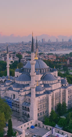 Aerial View of the Iconic Blue Mosque in Istanbul, Turkey, at Beautiful Sunrise Over the City and Bosphorus