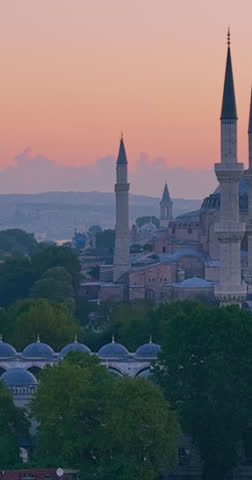 Aerial Vertical View of the Historic Blue Mosque in Istanbul, Turkey, at Serene Sunrise
