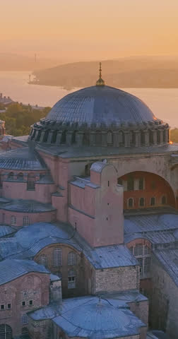 Majestic Hagia Sophia Dome Against a Golden Sunrise Sky in Historic Istanbul, Turkey