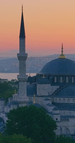 Aerial View of the Blue Mosque and Hagia Sophia at Sunrise in Istanbul, Turkey