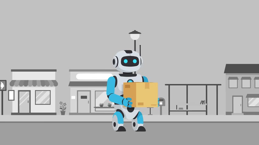 A blue and white delivery robot hovers while holding a cardboard box, moving through a grey-toned minimalist city street with shops and trees. This 2D flat animation illustrates automated logistics and future delivery services.