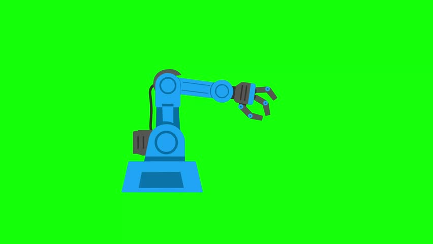 A blue 2D animated industrial robot arm with a claw-like gripper performs precise movements on a green chroma key backdrop. This asset represents factory automation, manufacturing, and advanced engineering.