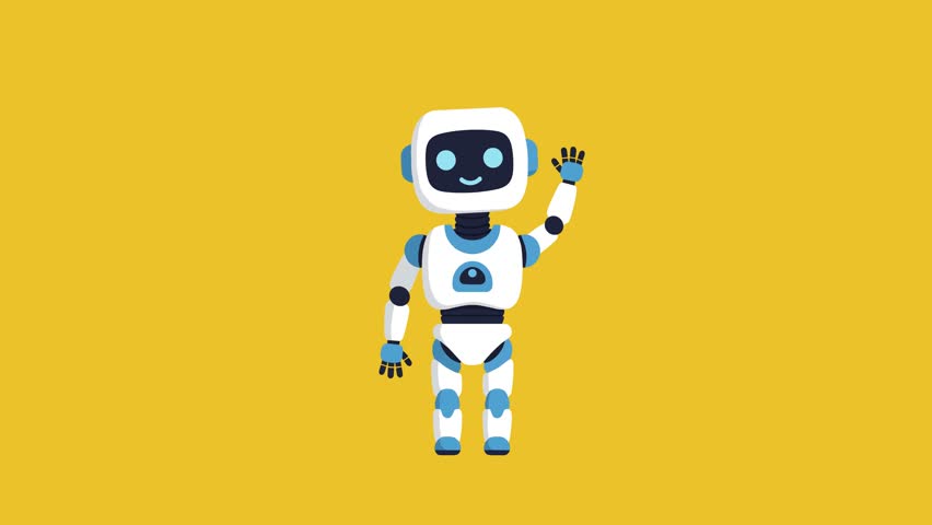 A friendly 2D flat-style robot with a white and blue body waves its hand against a solid yellow backdrop. This character animation is perfect for technology explainers, AI concepts, and futuristic branding.