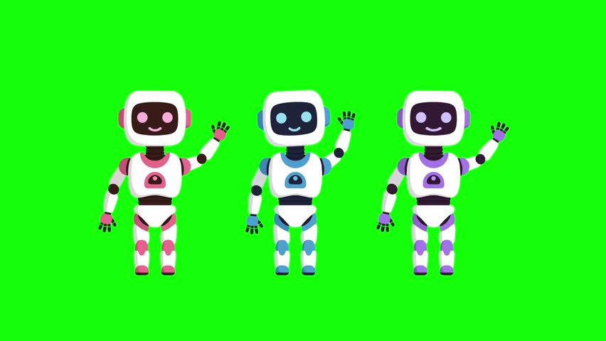 A trio of small, friendly robots in pink, blue, and purple colors wave their hands together on a green chroma key background. This 2D flat-style animation represents artificial intelligence, future technology, and robotics for kids.