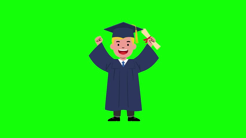 A cheerful cartoon male graduate in a blue academic cap and gown raises his arms in celebration while holding a scroll diploma. This flat-style 2D animation is ideal for educational marketing, graduation ceremonies, and achievement-themed videos.