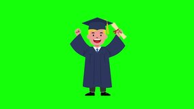 A cheerful cartoon male graduate in a blue academic cap and gown raises his arms in celebration while holding a scroll diploma. This flat-style 2D animation is ideal for educational marketing, graduation ceremonies, and achievement-themed videos. - Powered by Shutterstock - Get 15% off with code: PIKWIZARD15