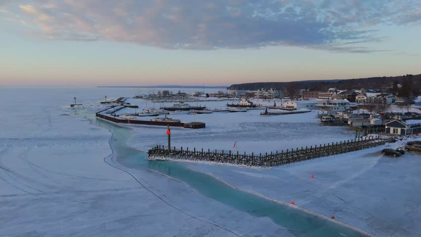 Winter Morning at Bayfield Wisconsin with Lake Superior frozen, majestic landscape