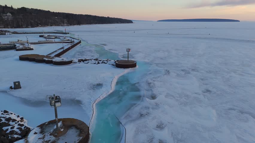 Bayfield Wisconsin during a winter morning over Lake Superior
