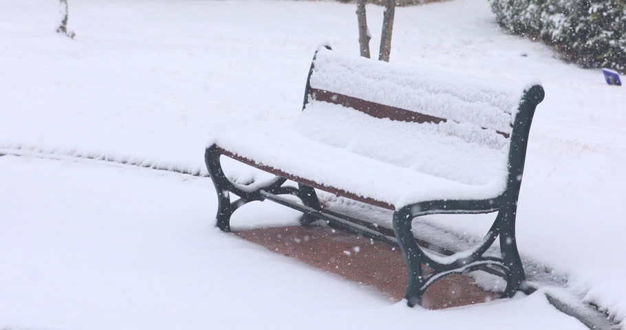 A Snow-Covered Bench Sits by a Walkway in Heavy Snowfall