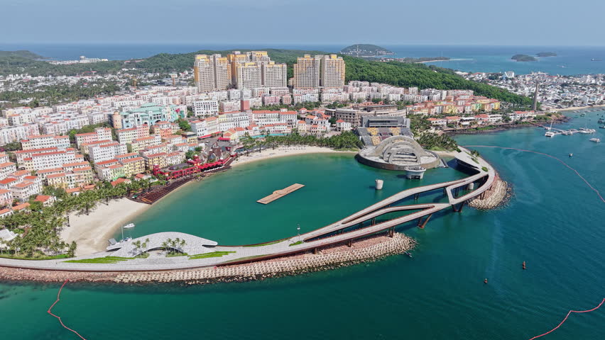 Drone Shot of Sunset Town on Phu Quoc Island, Vietnam. Tourist Attraction and Replica of Mediterranean Village