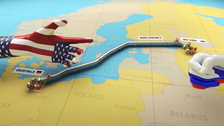 3D render of gas pipeline map with opposing fists textured as US and Russian flags, symbolizing energy conflict, geopolitics and economic tensions