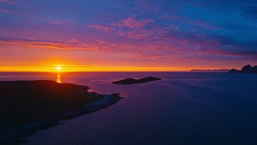 Scenic Colorful Sunset Near Sandland Coastal Village In Loppa Municipality In Finnmark, Norway. Aerial Wide