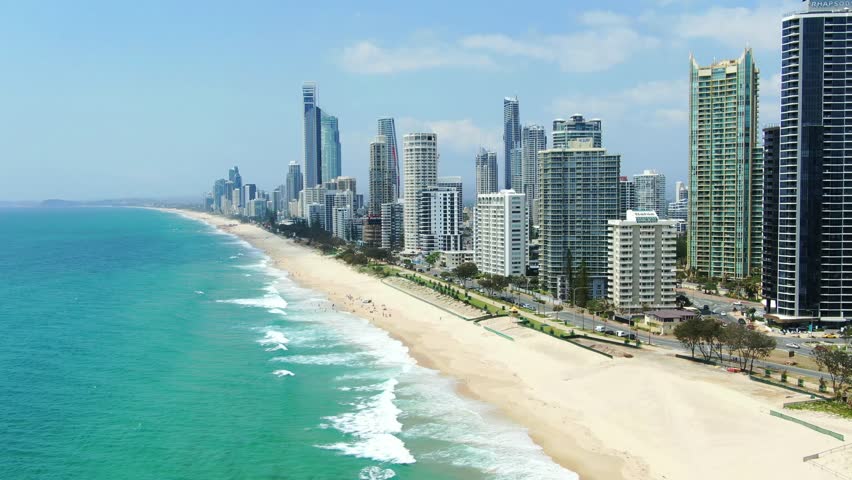 Aerial view of Surfers Paradise skyline and gold coast beach at sunny day in Queensland Australia