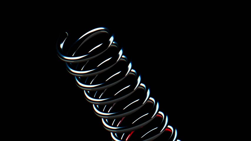Extreme close up of glossy black metallic spring coils with bright highlights and subtle red reflections on a dark background, showcasing abstract industrial texture and smooth curvature