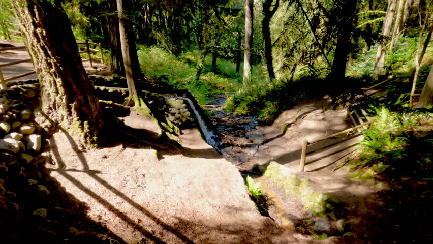 A small waterfall in the park, enclosed by a wooden fence
