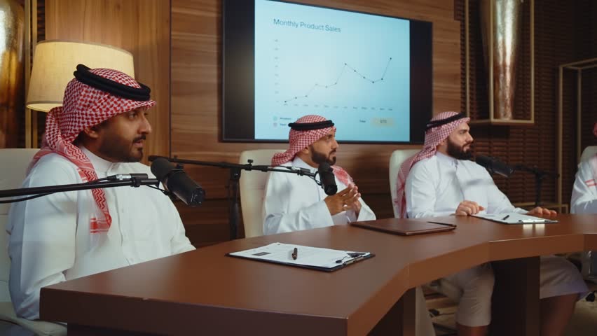 Emirati businessmen making a business conference in an elegant room. Four arab businessmen in traditional attire discussing financial charts during a podcast meeting