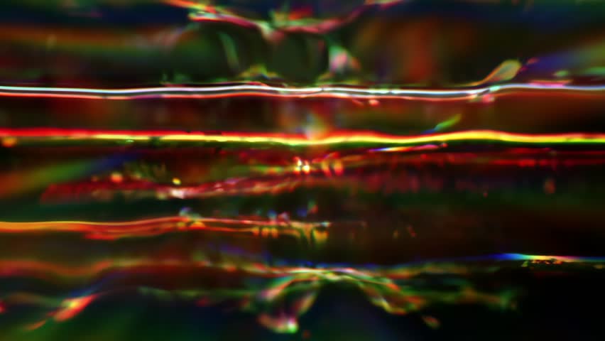 Abstract horizontal liquid distortion with bright neon chromatic bands, flowing color waves with glossy reflections and analog interference, red and green light streaks with smooth fluid motion, optical refraction effect with layered gradients, dynamic horizontal energy lines with vibrant color contrast and soft blur