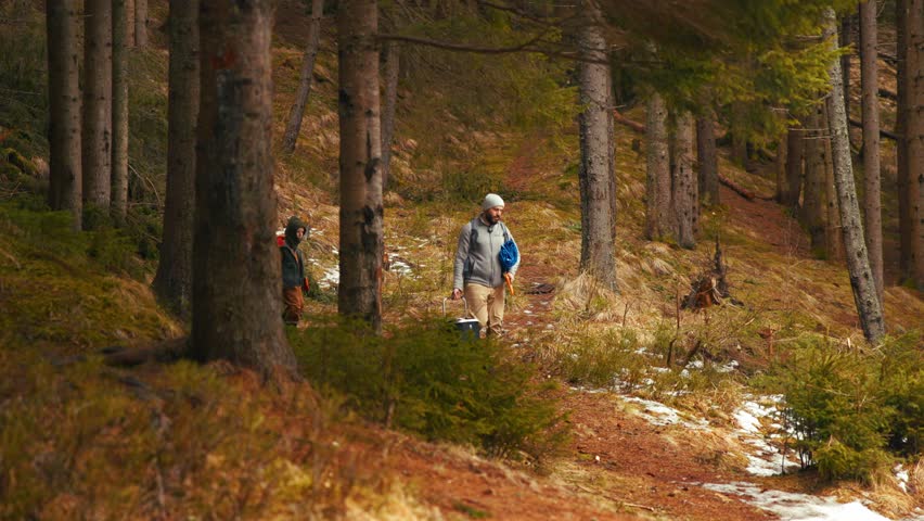Two people with backpacks hiking downhill on a path through a pine forest with patches of snow
