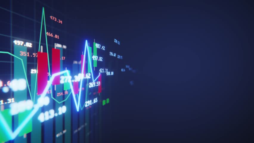 Glowing digital graph of stock market prices and trading indicators on a dark background. Seamless loop