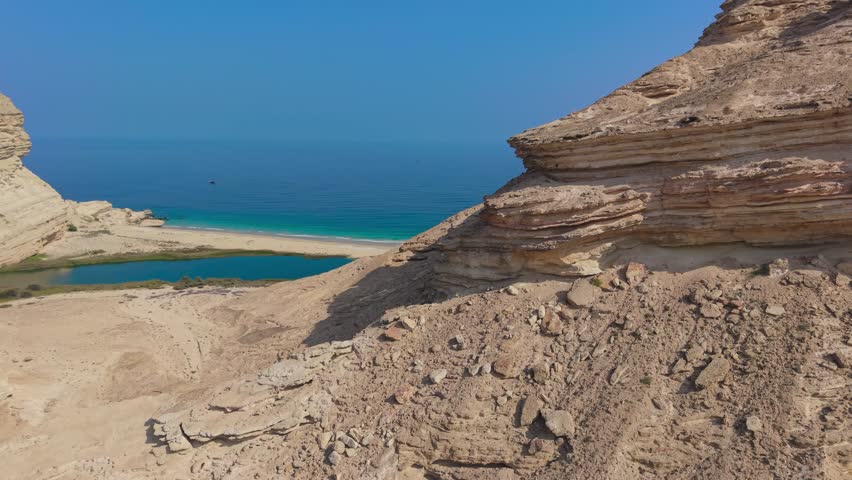 Aerial view of desert cliffs and a turquoise lagoon opening into the ocean along the sandy coastline in Dhofar, Oman.