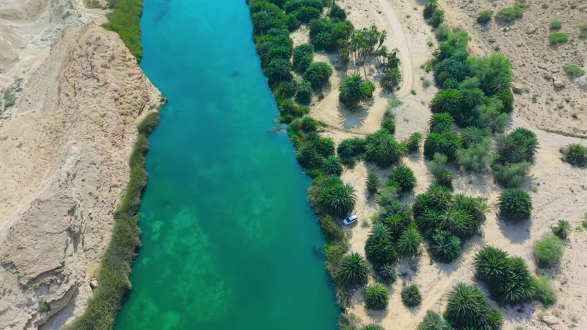 Aerial view of a turquoise river flowing through a green palm grove oasis surrounded by arid desert terrain in Oman.