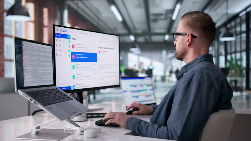 Businessman Carefully Checking Emails On Desktop Screen In Small Office.