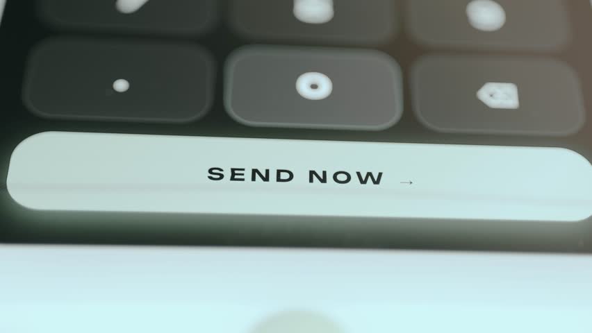 Money transfer. User taps the button SEND NOW, followed by message of a completed transfer of 1k USD