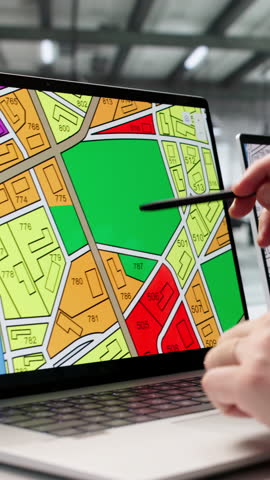 Urban Planner Studies Zoning Maps Carefully, Managing City Land Use Regulations.