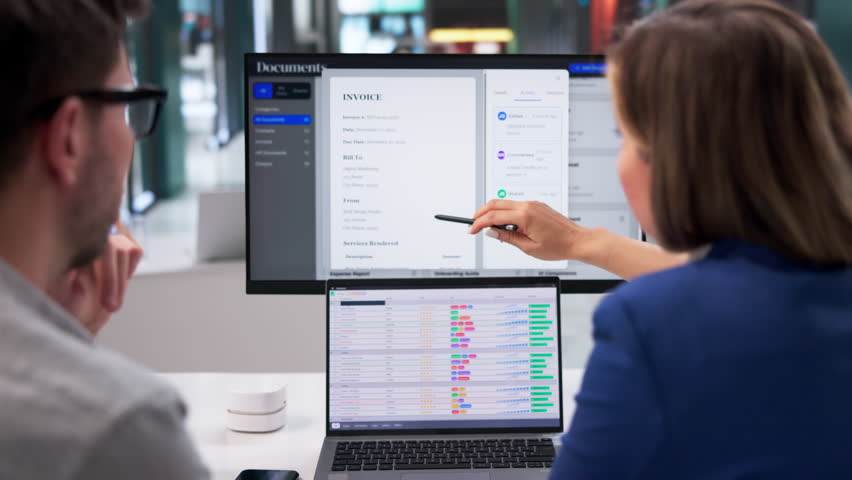 Young Consultant Uses Multiple Screens Managing Documents And Spreadsheets.