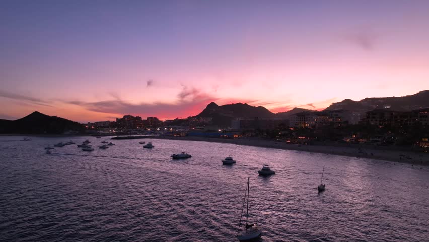 Drone Shot Of Marvelous Wide Bay In Los Cabos Baja California At Sunset, Mexico