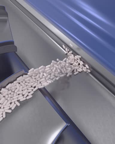 Conveyor belt with white pills