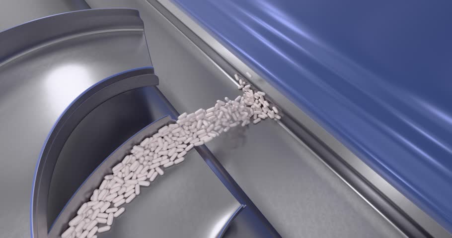 Conveyor belt with white pills