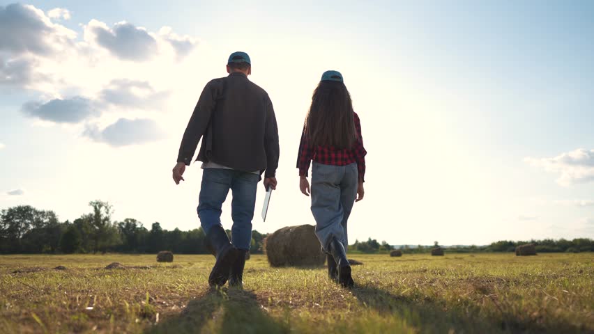 A man and woman farmers wearing jeans walk through a field with hay bales. The woman and man enjoy a sunny walk in jeans among numerous hay bales scattered around the field.