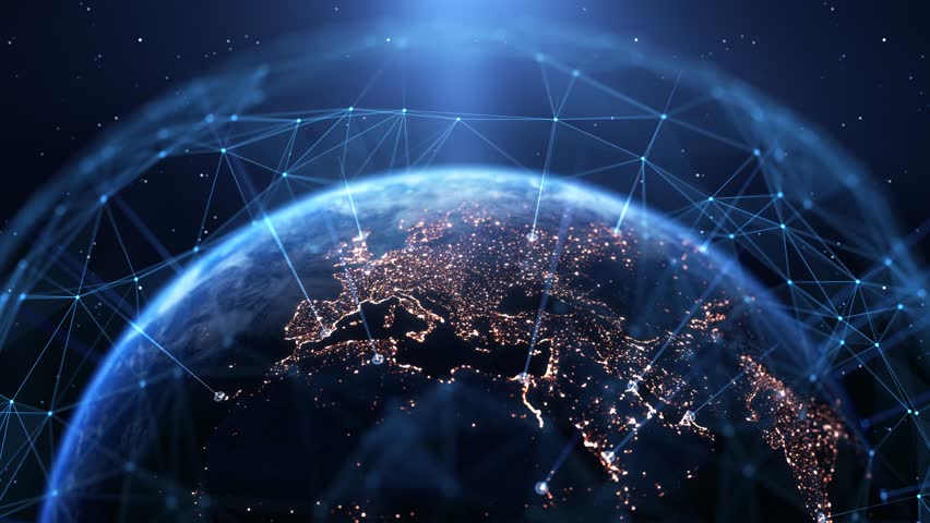 Global Connection Lines. Earth Network Data Transfer. Futuristic AI Technology, 5G, Globe Satellite Communication, Internet Connectivity, Big Data, Digital World Background Animation. Crypto Exchange
